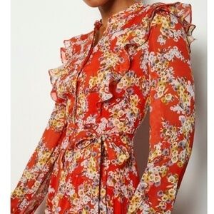 KAREN MILLEN Red Floral Ruffle Dress Size 6